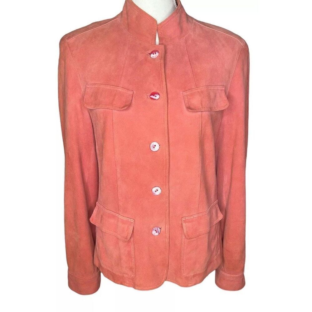 LAFAYETTE 148 Womenβs SuedeβLeather Button Up Coral Jacket Sz 10βDesigner